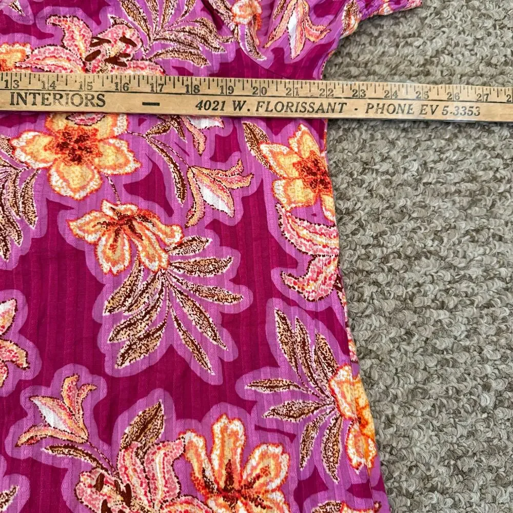Textured Stripe Floral Puff Sleeve Button Down V-Neck Loft 100% Cotton Blouse